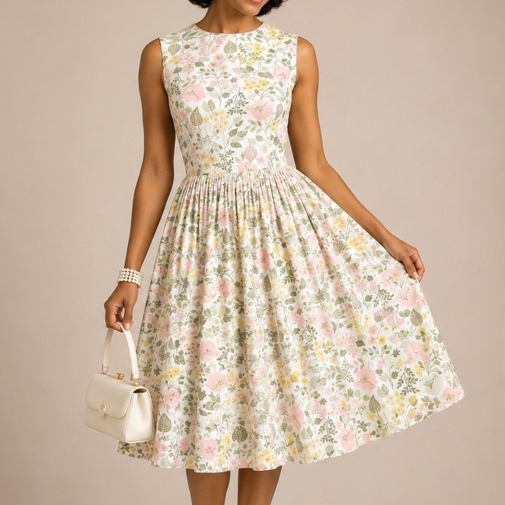 Vintage 60s Floral Cotton Day Dress Pink Yellow Garden Party Mod Midi Womens S‎